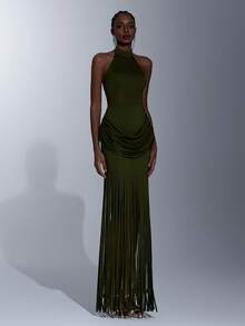 Elitara Elegant, Simple, And Stylish Military Green Stretch Knit Dress With Tassel Embellishments, Stand-Up Collar, Open Back, And Pleated Detailing At The Abdomen. Long Style, Suitable For Weddings, Formal Occasions, And Bridesmaid Dresses.,Wedding Party Dress - Army Green - View 8