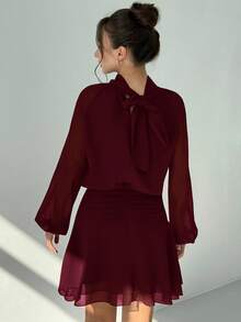 Aloruh Elegant Solid Color Mock Neck Dress, Casual & Party Wear - Rose Red - View 2
