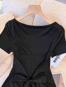 Franclia Women's Casual Round Neck Fitted Backless Tie-Up Short Sleeve T-Shirt, Versatile For Spring/Summer - Black - View 5