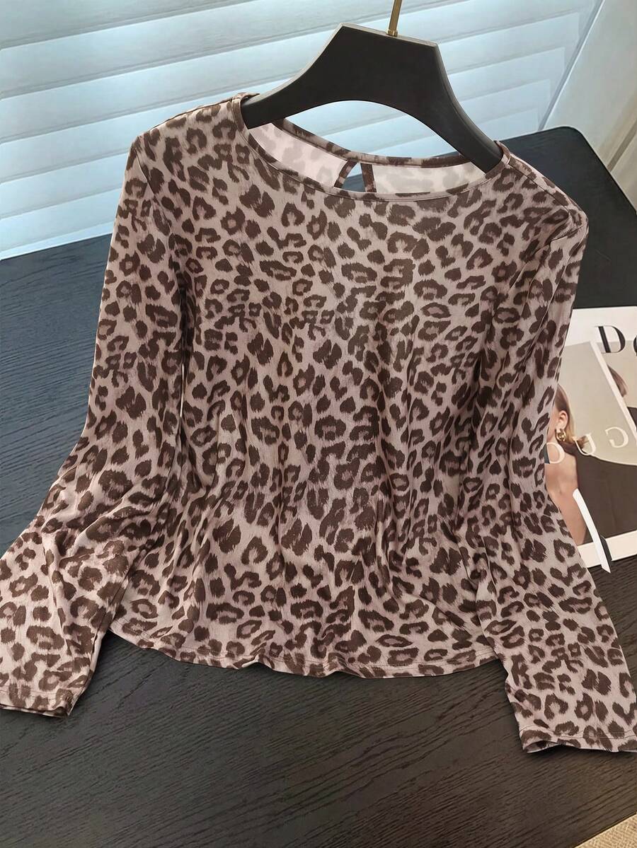 SHEIN Franclia Women's Casual Chic Leopard Print Twist Back T-Shirt, Autumn - Coffee Brown - View 1