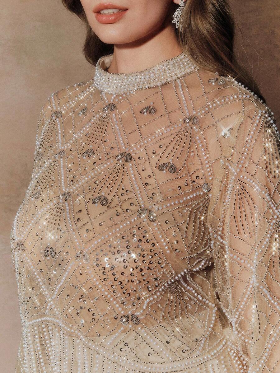 Anewsta Blusa de manga larga con cuentas de lujo y alta gama para mujeres de talla grande, adecuada para eventos formales - Albaricoque - Ver 1