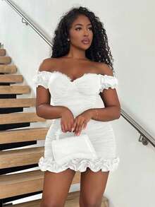 Alexandranx White & Summer & Sweet Date & Everyday Date & Goddess Day & Wedding Dress & Beach Vacation & Girly Fitted Ruffle Hem Cupped Lace Sleeve Flouncy Dress Organza Textured Hem Women's Short Mini Dress,White Graduation Dress - White - View 3