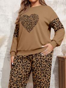 EMERY ROSE 休闲豹纹爱心图案圆领上衣和裤子两件套，加大码 - 彩色 - 查看 6