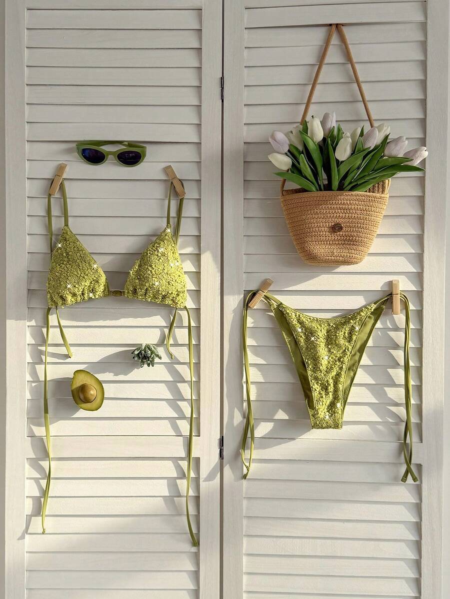 Swim Mod Nuevo bikini verde con lentejuelas para mujer, traje de baño sexy para vacaciones en la playa, primavera/verano - Verde - Ver 1