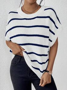 SHEIN LUNE Women's Casual Everyday Striped Loose Knit Sweater - Blue and White - View 5