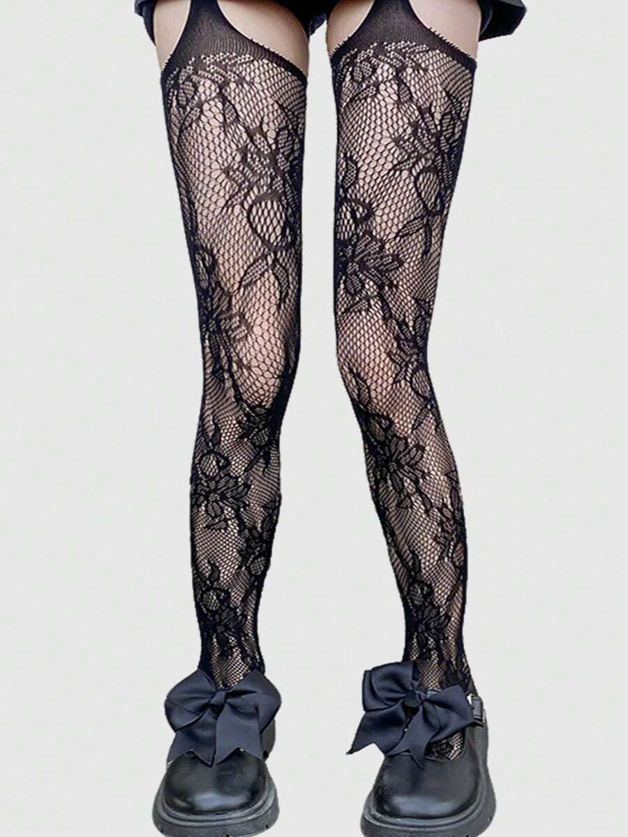ROMWE Avant 1双性感花卉蕾丝渔网袜，复古情趣粉色不透明连裤袜，轻薄弹力透明丝袜 - 吊帶黑色 - 查看 1