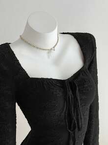 Elamini 女士短款针织连衣裙，酒红色，纹理面料，抽绳设计，褶皱剪裁，休闲百搭，适合通勤，秋冬季穿着 - 黑色 - 查看 1