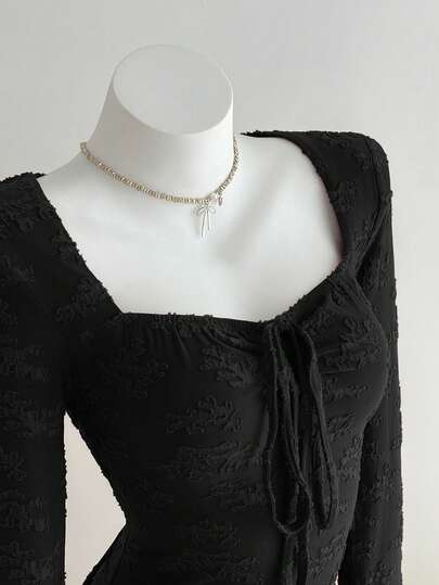 Elamini 女士短款针织连衣裙，酒红色，纹理面料，抽绳设计，褶皱剪裁，休闲百搭，适合通勤，秋冬季穿着