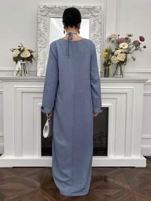 Yasmyna Women's Butterfly Embroidered Long Sleeve Loose Casual Halter Dress Kaftan Jalabiya Dress - Dusty Blue - View 3