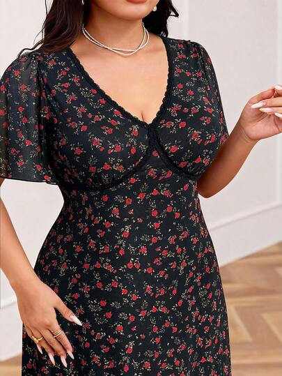 Veilorie Plus Size Women Contrast Lace Ditsy Floral Ruffle Sleeve Elegant Dress