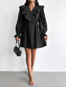 EURMUSE Ruffle Trim Flare Sleeve Dress - Black - View 3