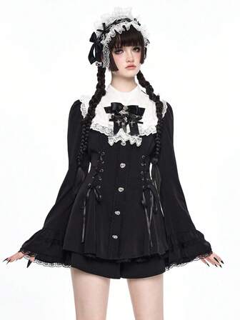 Gothic Dark Peter Pan Collar Bow Tie Cross Pendant Fitted Shirt & Shorts 2 Pieces Set