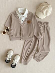 PrepCrw Conjunto de camisa con cuello estilo universitario, chaqueta de 2 en 1 con botones delanteros y pantalones entallados para niño - Multicolor - Ver 2