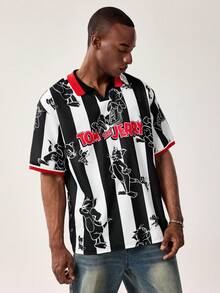 TOM & JERRY X SHEIN Men's Casual Striped Cartoon Pattern Short Sleeve T-Shirt, Summer - Black - View 5
