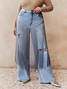 Anewsta New Fashionable Heavy Fringe Diamond Embellished Blue Straight Leg Jeans For Women - Blue - View 3