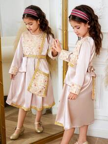 Vestido de niña de color champán con cuello redondo tejido en jacquard, con jacquard delantero, puño de manga de gota de agua abierto en la espalda, ribete de encaje dorado, chal, cinturón y bolso bandolera, elegante y de moda para salidas y fiestas - Albaricoque - Ver 8