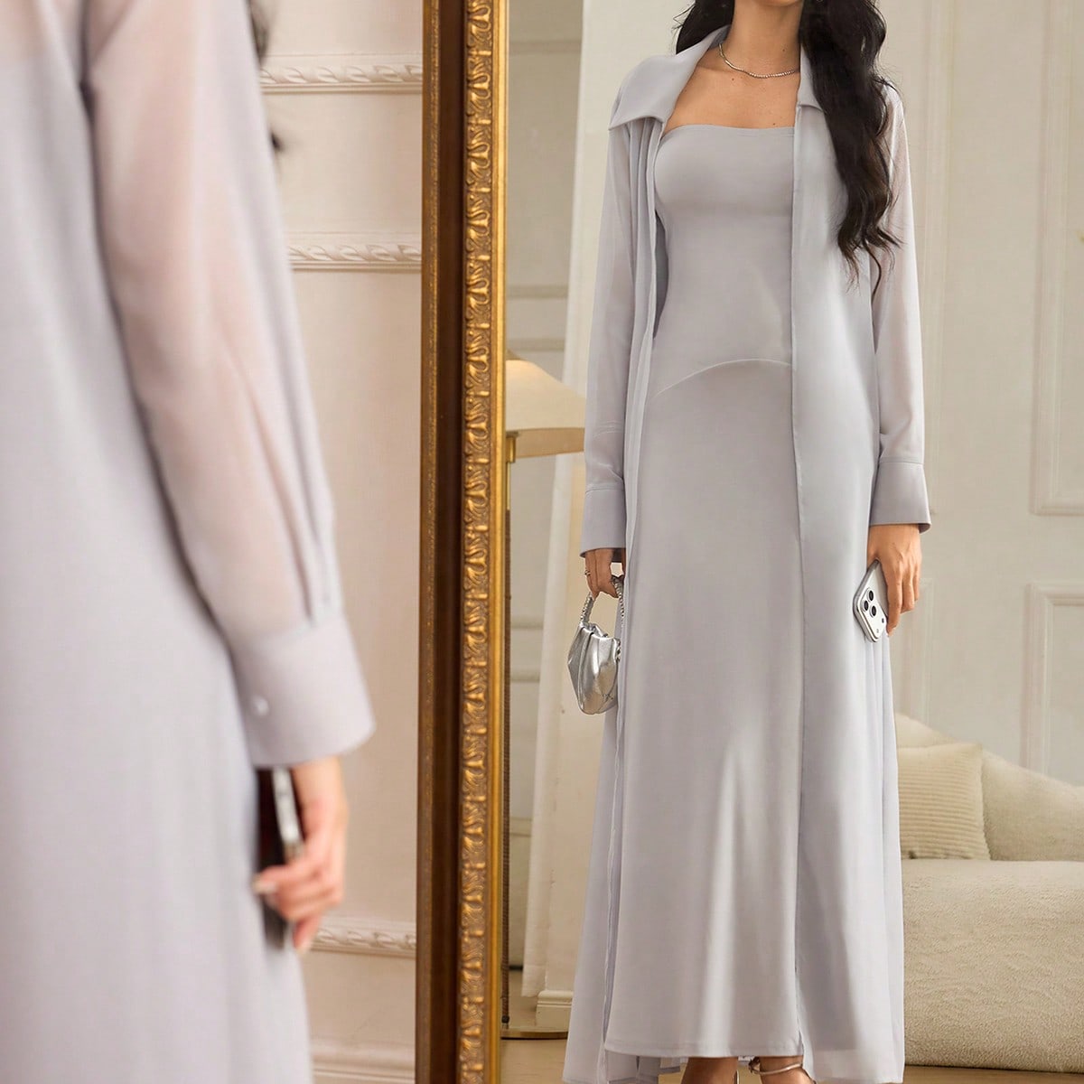 1 Set Light Grey Elegant Slim Fit Long Dress, New Arrival Early Spring Grey Dresses For Women Long Sleeve Elegant Dress Women Suit Sets Elegant 2 Piece Set