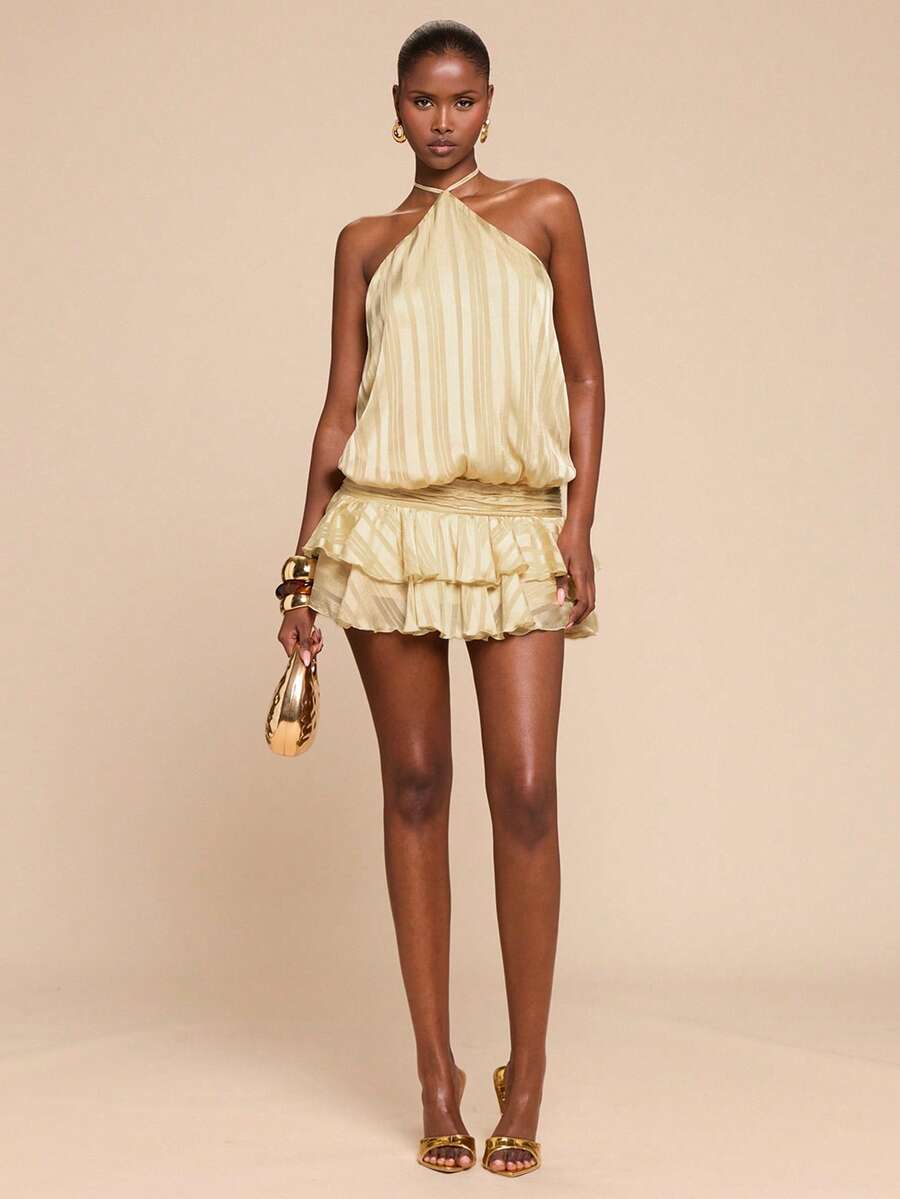 SHEIN BAE 黄色纯色露背系带A字连衣裙，荷叶边下摆，优雅迷人，适合情人节约会、鸡尾酒会、浪漫场合、派对、伴娘礼服、晚礼服等。 - 黃色 - 查看 1