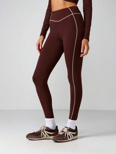 MISSGUIDED 高腰撞色缝线细节打底裤，侧边条纹拼接，适合运动休闲日常穿着，秋冬舒适百搭。