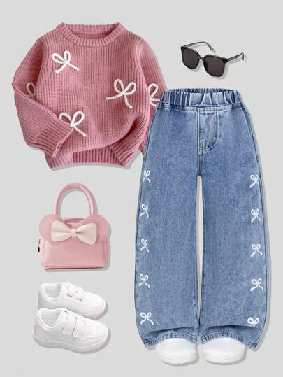 Young Girls Denim Jeans, New Spring/Autumn Collection, Light Blue Washed Denim Color, Casual & Comfortable, Butterfly Print On Both Sides, Soft & Gentle, Suitable For School, Outdoor Activities, Daily Wear