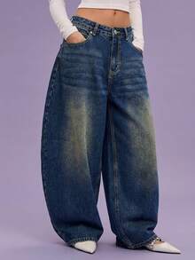 COUREZ 低腰宽松牛仔裤，浅蓝色水洗，街头休闲，Y2K风格，休闲音乐节风格，棉质牛仔布，复古棉质 - 藏蓝色 - 查看 3