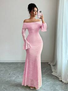 Rafferiza Elegant Fashion Young Minimalist Versatile Fitted Off-Shoulder Flared Sleeve Mermaid Midi Dress For Women, Autumn - Pink - View 6