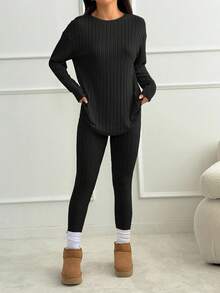 SHEIN PETITE Drop Shoulder Ribbed Knit Tee & Leggings Textured Fabric Two Pieces - Black - View 3