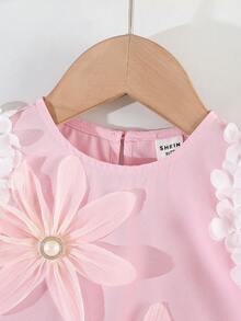 SHEIN Baby Girl Casual Vacation Cute Pink 3D Floral Asymmetric Hem Loose Tank Top And Elastic Waist Pleated Wide Leg Pants Set - Pink - View 3