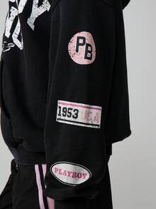 Missguided x Playboy Oversized Washed Distressed Graphic Full Zip Hooded Sweatshirt With Drawstring And Centre Pocket - Black - View 8