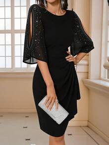 SHEIN Clasi Elegant Ruched Waist Rhinestone Embellished Casual Dress,Wedding Guest Dress Women For Women Black Wedding Guest Dress Black Elegant Dress Women Black Church Dress Elegant Midi Dress Outfit Party Black Sparkly Mesh Bell Sleeve Ruched Bodycon Dress Party Cocktail Evening Midi Dress Classy Elegant Dress Sparkly Black Dress Black Rhinestone Dress Black Dress Elegant Women's Black Sequin Sheer Bell Sleeve Cutout Ruched Midi Dress | Elegant Valentine's Day Going Out Party Summer Dress Modest Dress - Black - View 6