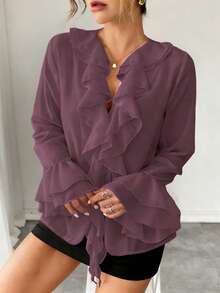 Rafferiza Elegant French Chiffon Lantern Sleeve V-Neck Tie Front Loose Casual Blouse For Women, Autumn