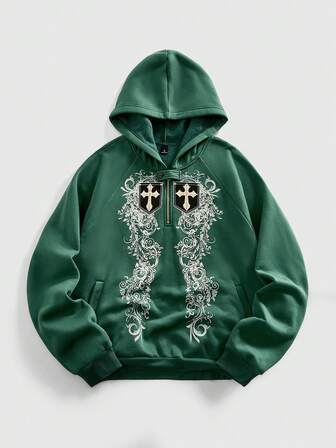 Street Life Men's Casual Fashionable Street Punk Style Cross & Plant Print Raglan Sleeve Half-Zip Hooded Fleece Sweatshirt, Warm For Autumn/Winter