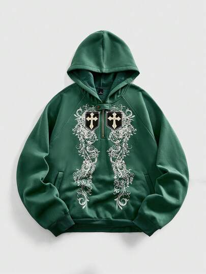 Street Life Sudadera con capucha de forro polar con media cremallera, estampado de cruz y planta, estilo callejero casual y punk para hombre, cálida para otoño/invierno