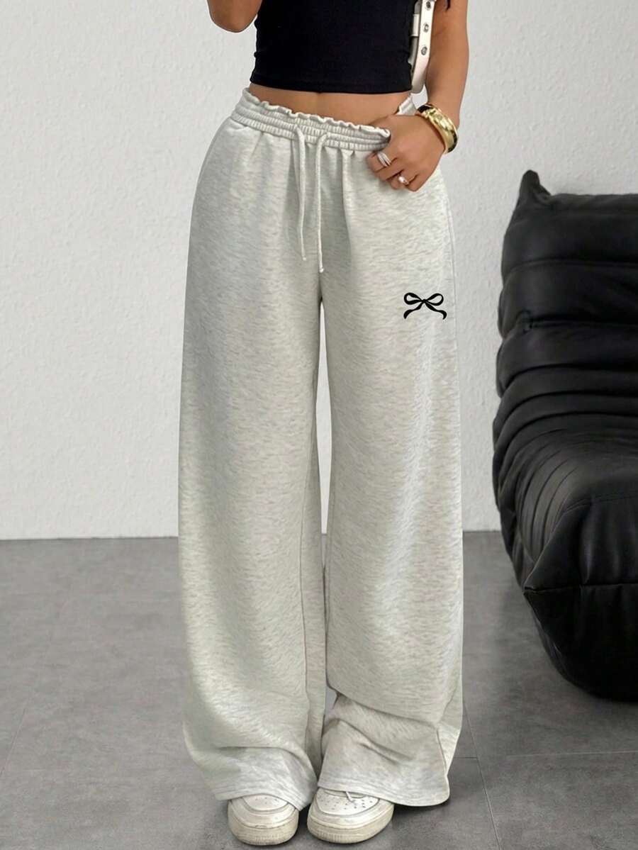 Teen Girls Casual Loose Fit Bow Print Low Waist Drawstring Waistband Wide Leg Sweatpants, Suitable For Spring, Summer, Autumn And Winter Fall Grey Wide Leg Pants Grey Baggy Sweats Baggy Grey Trousers Girls Gray Sweatpants