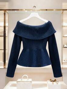 GlowEve Women's Fashionable Elegant Ruffle Button Long Sleeve Sweater - Blue - View 2