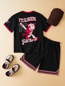 SHEIN Felix The Cat 2pcs/Set Tween Boy Sports & Casual Comfortable Letter Graphic Round Neck Short Sleeve Top And Shorts - Multicolor - View 2