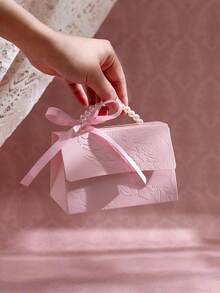 1/10/20PCS Faux Pearl Decor Gift Box Set, Pink Pearl Handle Wedding Favor Box, Valentine's Day Wedding Birthday Party Decorations, Floral Letterpress Printed Mini Candy Packaging Bags, Elegant Small Gift Bags For Jewelry Wedding Favors Party Decor - Pink - View 1