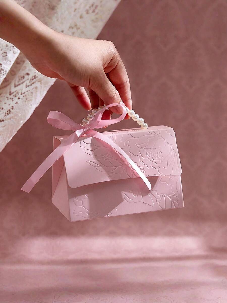 1/10/20PCS Faux Pearl Decor Gift Box Set, Pink Pearl Handle Wedding Favor Box, Valentine's Day Wedding Birthday Party Decorations, Floral Letterpress Printed Mini Candy Packaging Bags, Elegant Small Gift Bags For Jewelry Wedding Favors Party Decor - Pink - View 1