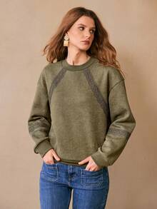 Franclia Women's Elegant Lace Trim Patchwork Sweatshirt - Army Green - View 4