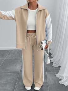 EURMUSE Women Contrast Color High Neck Zipper Detailed Sweatshirt And Sweatpant - Beige - View 7