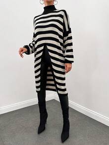 EURMUSE 條紋圖案落肩袖下擺開叉套頭毛衣 - 黑色 - 查看 4