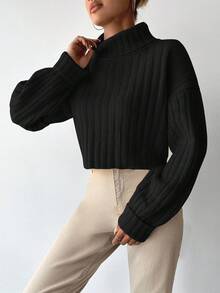 EURMUSE Turtleneck Drop Shoulder Ribbed Knit Sweater - Black - View 3