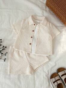 SHEIN 2pcs/Set Baby Boy Toddler Outfits, Solid Color Hollow Short Sleeve Shirt Knit Top And Shorts Set, Comfortable Casual, Spring/Summer Baby Boy Clothes - White - View 4