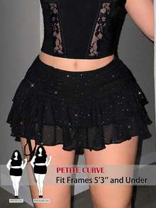 SHEIN PETITE CURVE Plus Size Women's Black Petite Colorful Rhinestone Drawstring Ruffle Hem A-Line Mini Skirt,Autumn 70's Party Rave High-Waisted Skirt - Black - View 2