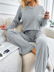 EURMUSE 100%Cotton Rib-Knit Drop Shoulder Tee & Pants - Light Grey - View 3