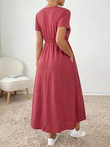 SHEIN Essnce 女士休闲纯色抽绳口袋连衣裙 - 紅色 - 查看 2