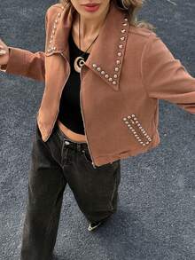 Siren Gaze Women's Casual Fashion Street Suede Rivet Decor Zip-Up Denim Jacket, Autumn Brown - Brown - View 6