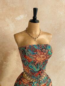 Soleia 女士度假印花拼接串珠链抹胸上衣和低腰拼接复古串珠链两件套，适合派对、约会、夜店、海滩、邮轮、下午茶等场合，波西米亚风，度假，秋季女装，复古 - 彩色 - 查看 5