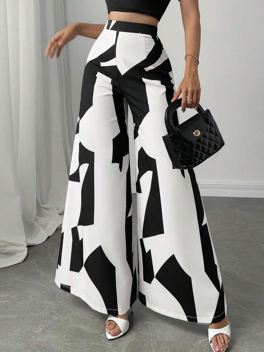 Firerie 女士优雅通勤、休闲度假、日常休闲高腰超阔腿裤，适合海滩、机场等各种场合。 - 黑與白 - 查看 1