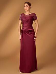 Serin Elegant Luxurious Beaded & Sequin Embellished Satin Ruched Mermaid Hem Skirt, Suitable For Weddings, Parties, Vacations, Galas, Evenings, Bridal & Mother Of The Bride Dresses - Burgundy - View 5